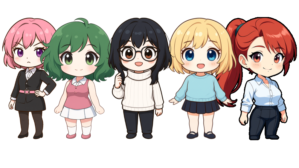 Chibi illustrations of the five romance characters